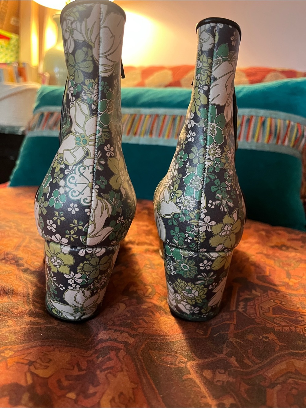 John Fluevog Floral Green & White on Black Ankle Boots with Button Accents - Picture 5 of 7